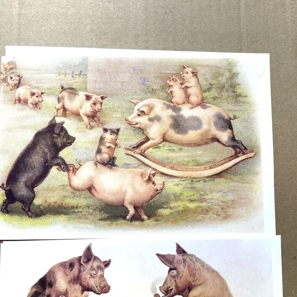 Whimsical Pig Greeting Cards Blank With Envelope 3pcs Vintage Ephemera Farm